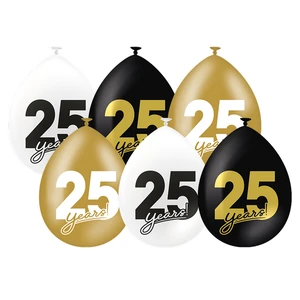 witte, zwrte en goudkleurige ballonnen met ieder groot getal 25 en klein tekst 'year'